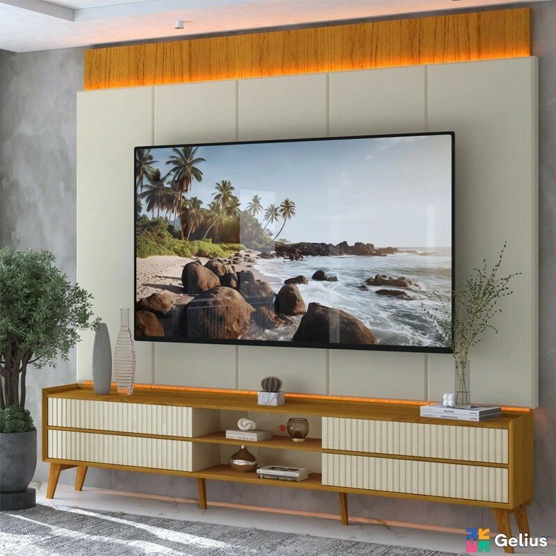 Rack Magnífico 212 Larg. 2.18m + Painel Magnífico 220 Nature/Off C/LED e Detalhe Ripado - Gelius - Imagem 2