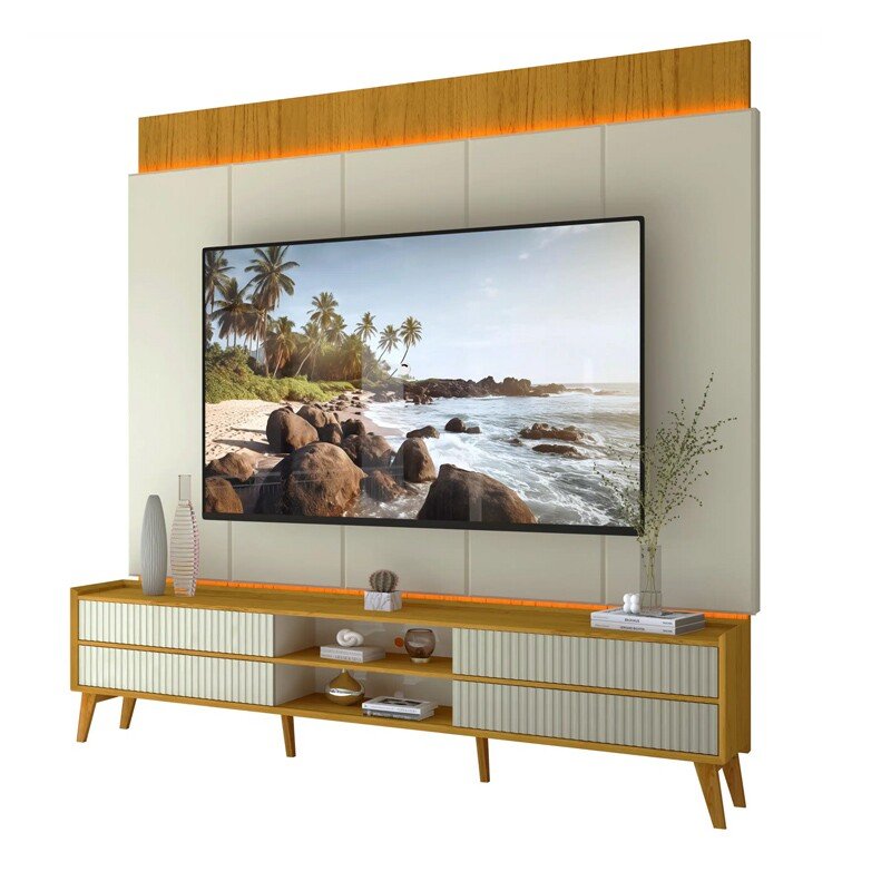 Rack Magnífico 212 Larg. 2.18m + Painel Magnífico 220 Nature/Off C/LED e Detalhe Ripado - Gelius