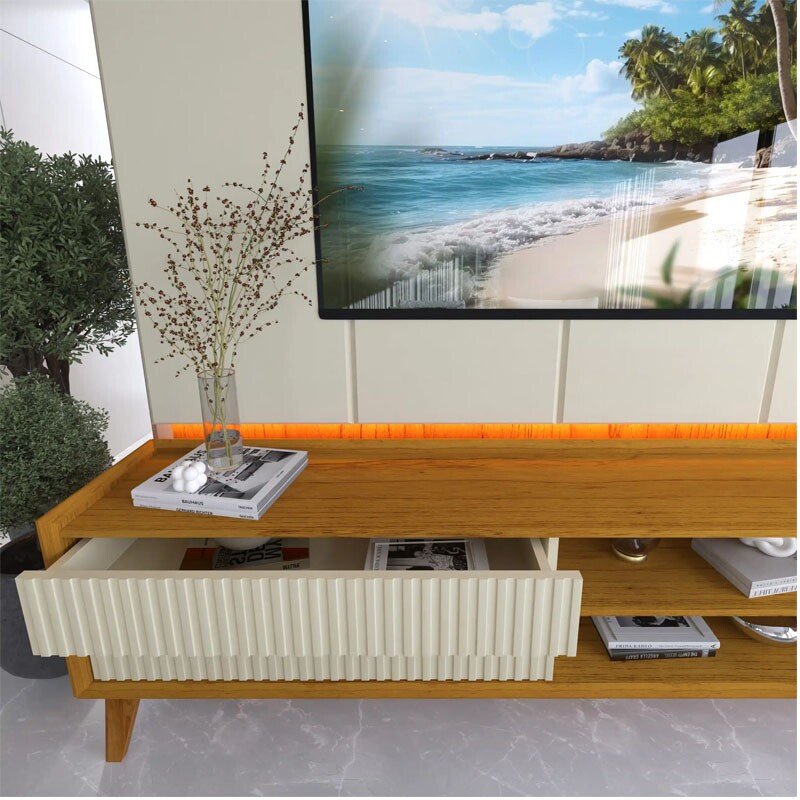 Rack Magnífico 212 Larg. 2.18m + Painel Magnífico 220 Nature/Off C/LED e Detalhe Ripado - Gelius - Imagem 4