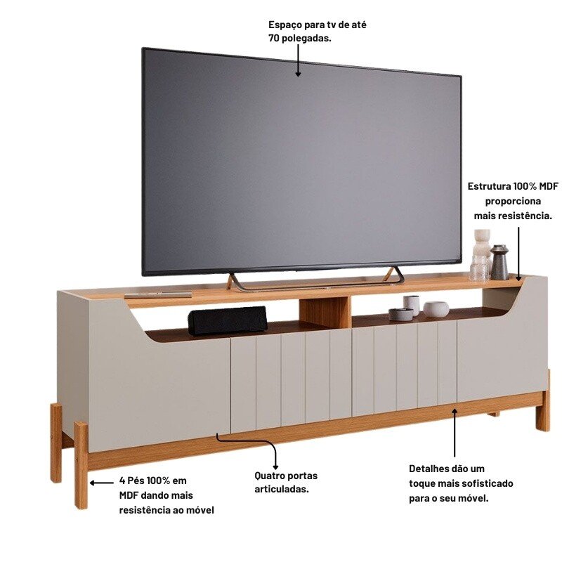Rack Bancada Moema Larg. 1.85m Off/Cinamomo 100% MDF para TV até 70" - Permóbili - Imagem 3