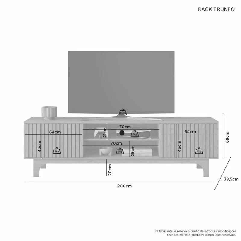 Rack Triunfo Larg. 2.00m Cinamomo/Off + Painel Riso Larg. 2.07m Cinamomo Ripado para TV até 75" - JCM - Imagem 4