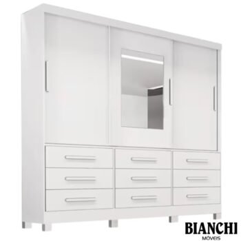 Roupeiro Casal Athenas Branco 3 Portas 9 Gavetas C/ Espelho e Pés 100% MDF Larg. 1.80m - Bianchi
