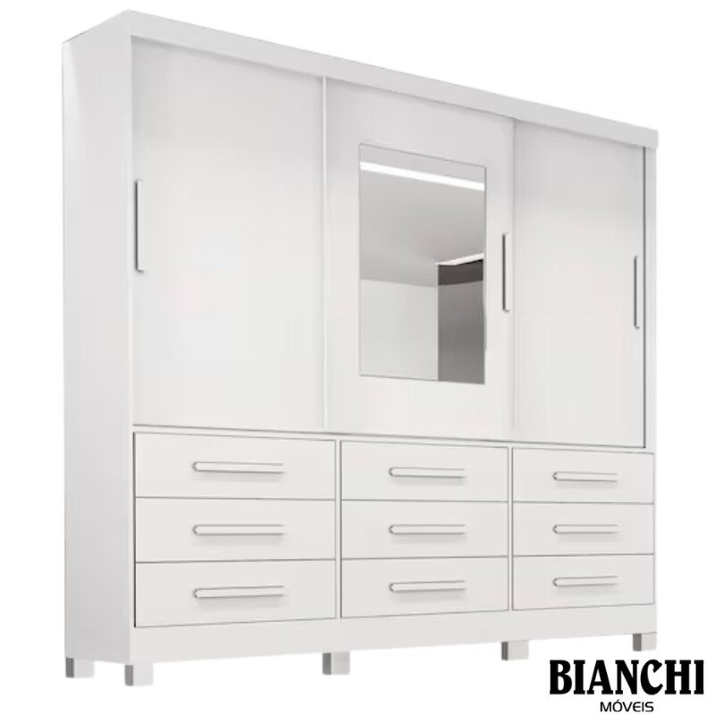 Roupeiro Casal Athenas Branco 3 Portas 9 Gavetas C/ Espelho e Pés 100% MDF Larg. 1.80m - Bianchi