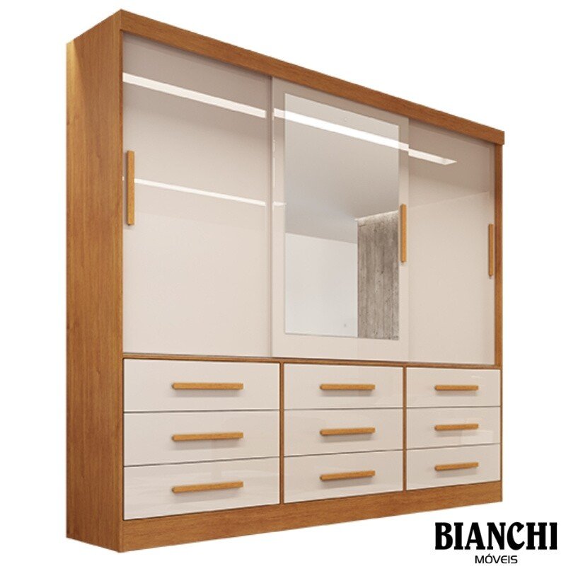 Roupeiro Casal Turim Nature/Off 3 Portas 9 Gavetas C/ 1 Espelho 100% MDF Larg. 2.11 - Bianchi