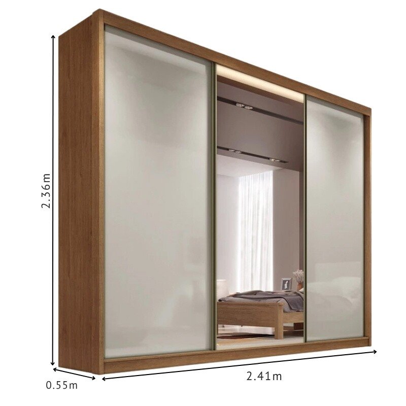 Roupeiro Casal Diamond Plus Cumaru/Fendi Fosco 3 Portas 6 Gavetas C/ 1 Espelho 100% MDF Larg. 2.41m - Novo Horizonte - Imagem 3