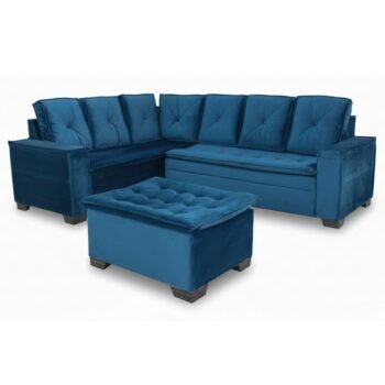 Sofá Canto 5 lugares com Puff Alemanha Veludo Azul A16