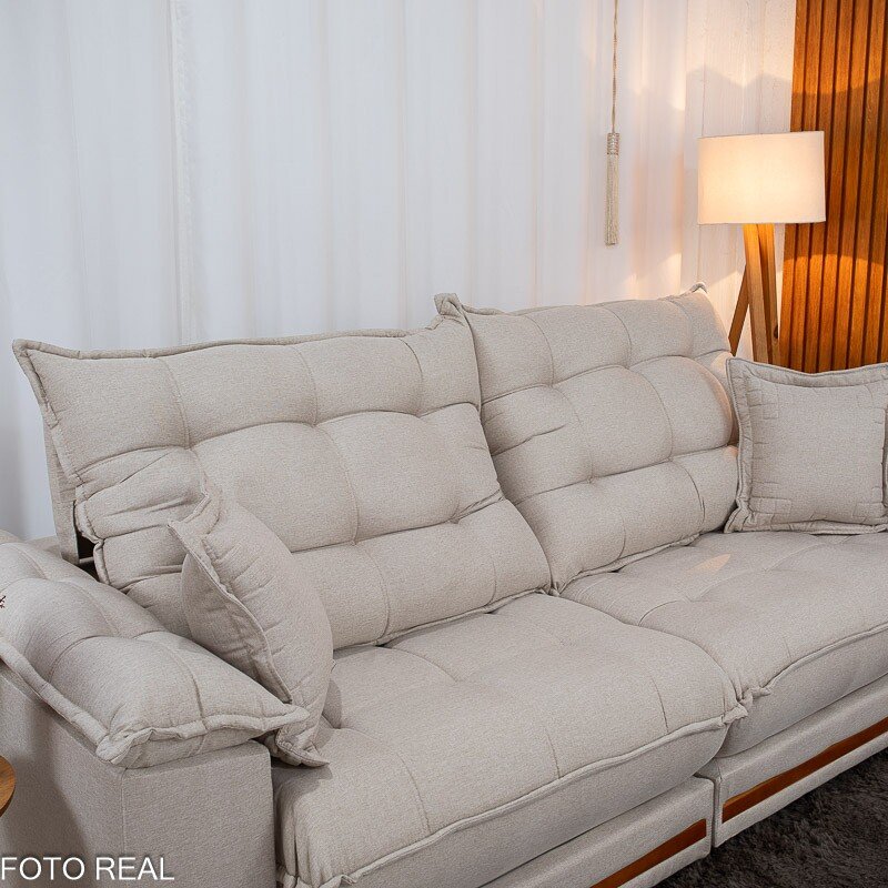 Sofá Retrátil Reclinável Barcelona 2.30m Linho Bege 459 - D33 e Molas Ensacadas Pocket - Imagem 6