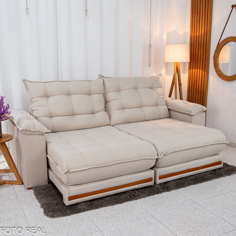 Sofá Retrátil Reclinável Barcelona 2.50m Linho Bege 459 - D33 e Molas Ensacadas