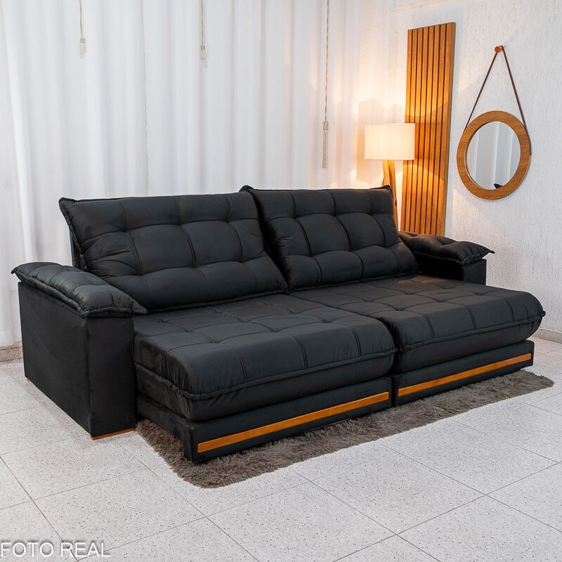 Sofá Retrátil Reclinável Barcelona 2.90m Veludo Preto 322 - D33 e Molas Ensacadas