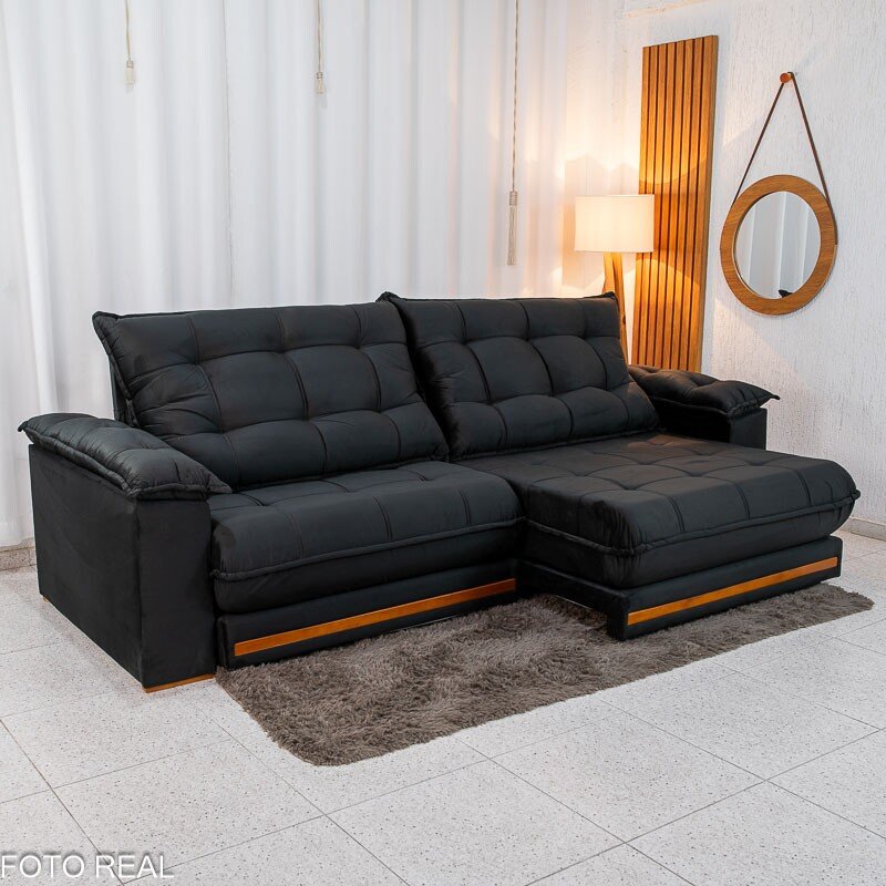 Sofá Retrátil Reclinável Barcelona 2.90m Veludo Preto 322 - D33 e Molas Ensacadas - Imagem 3