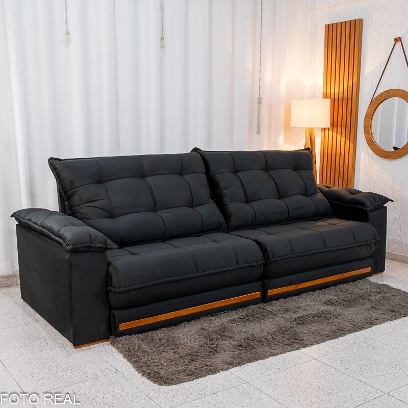 Sofá Retrátil Reclinável Barcelona 2.90m Veludo Preto 322 - D33 e Molas Ensacadas - Imagem 4