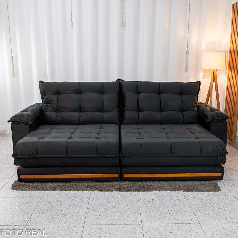 Sofá Retrátil Reclinável Barcelona 2.90m Veludo Preto 322 - D33 e Molas Ensacadas - Imagem 5