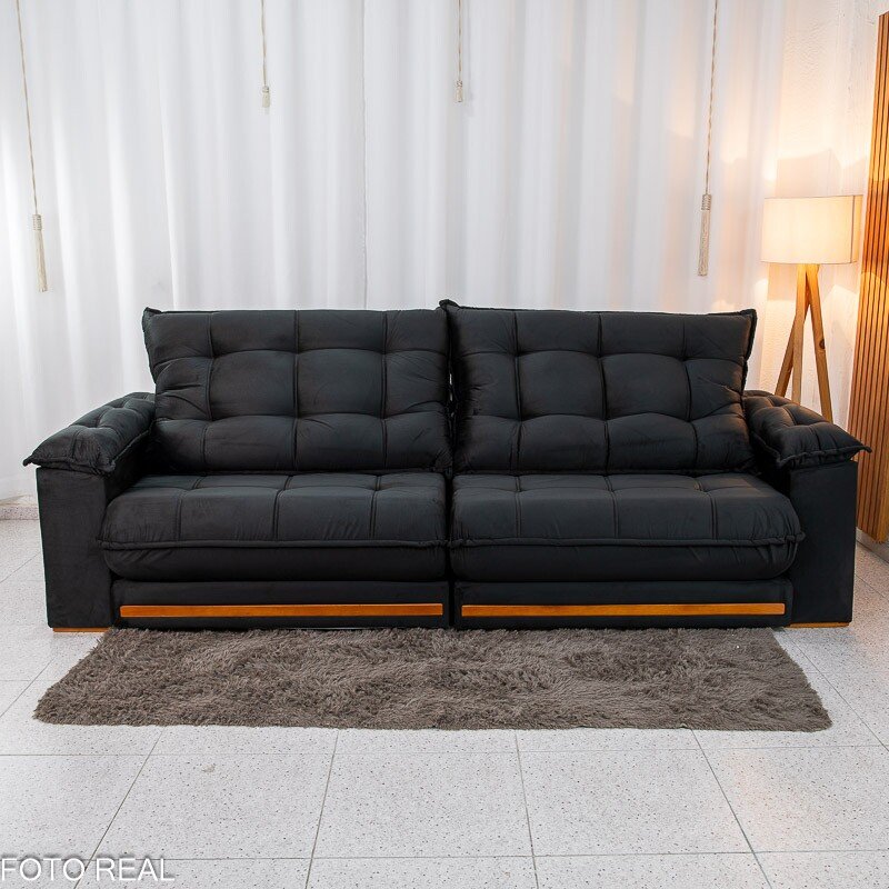 Sofá Retrátil Reclinável Barcelona 2.90m Veludo Preto 322 - D33 e Molas Ensacadas - Imagem 6