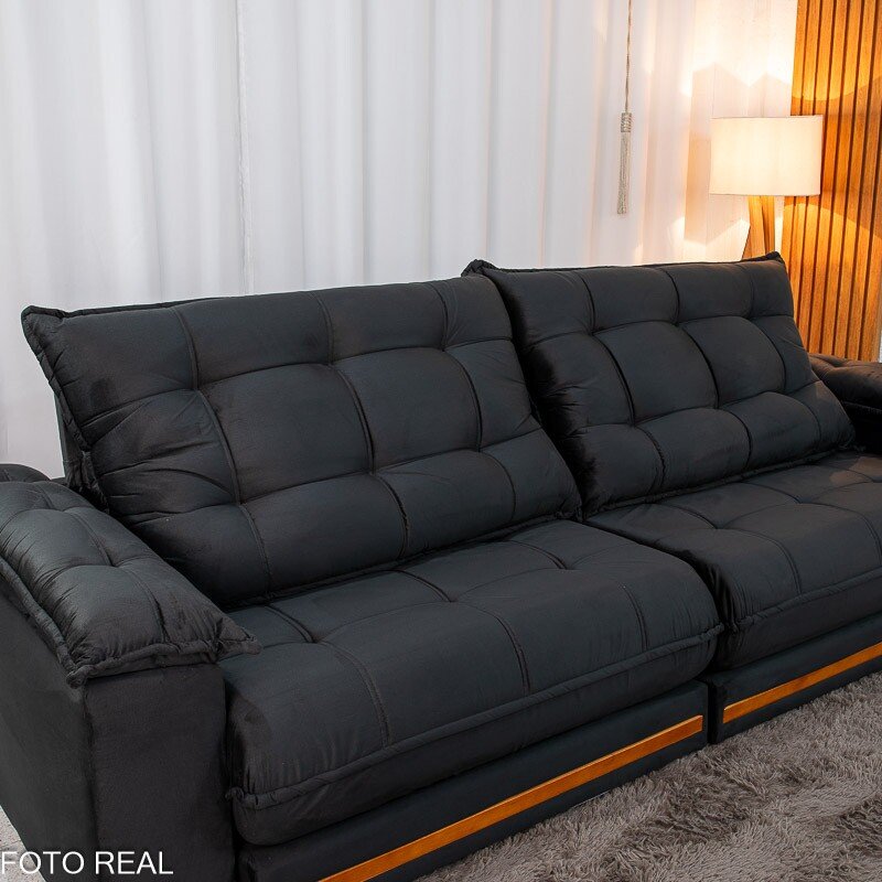 Sofá Retrátil Reclinável Barcelona 2.90m Veludo Preto 322 - D33 e Molas Ensacadas - Imagem 7