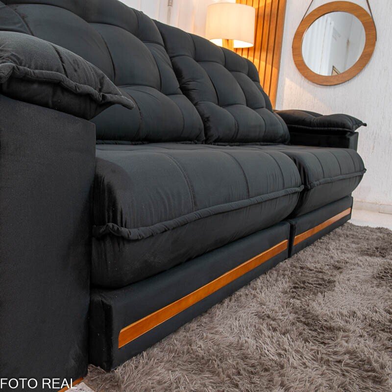 Sofá Retrátil Reclinável Barcelona 2.90m Veludo Preto 322 - D33 e Molas Ensacadas - Imagem 8