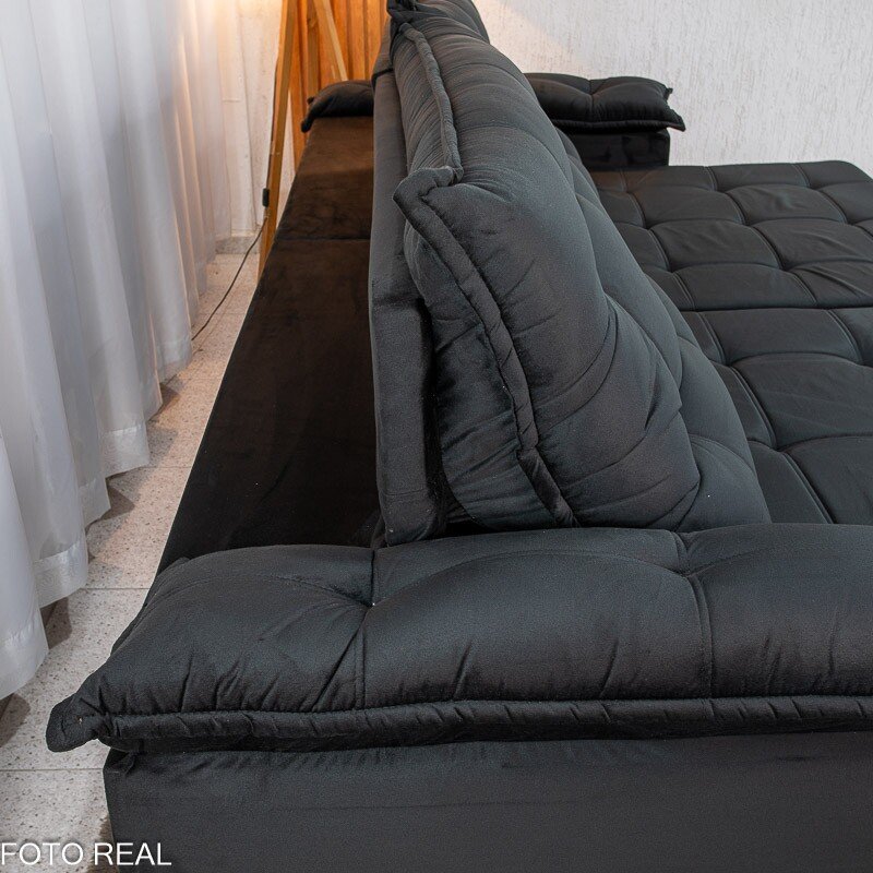 Sofá Retrátil Reclinável Barcelona 2.90m Veludo Preto 322 - D33 e Molas Ensacadas - Imagem 9