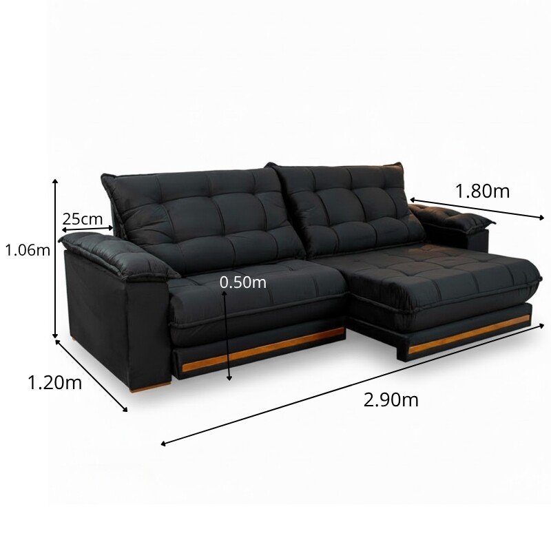 Sofá Retrátil Reclinável Barcelona 2.90m Veludo Preto 322 - D33 e Molas Ensacadas - Imagem 2