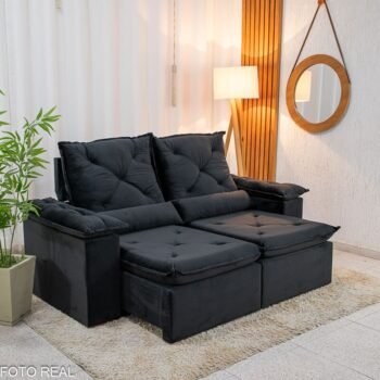 Sofá Retrátil Reclinável City 1.95m Veludo Preto - D28