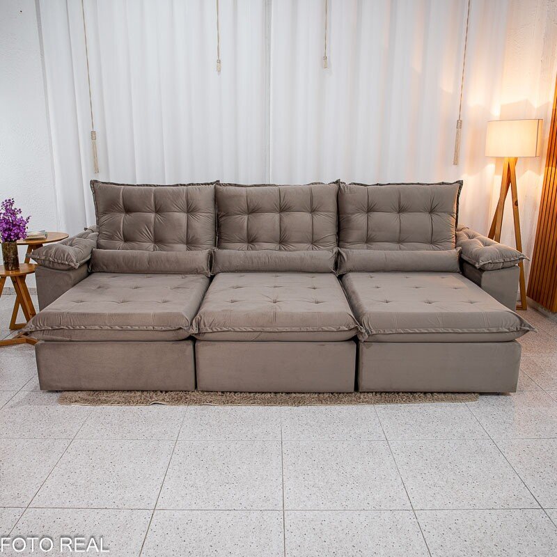 Sofá Retrátil Reclinável Emanuelly 3.20m Veludo Capuccino 02 - Imagem 4