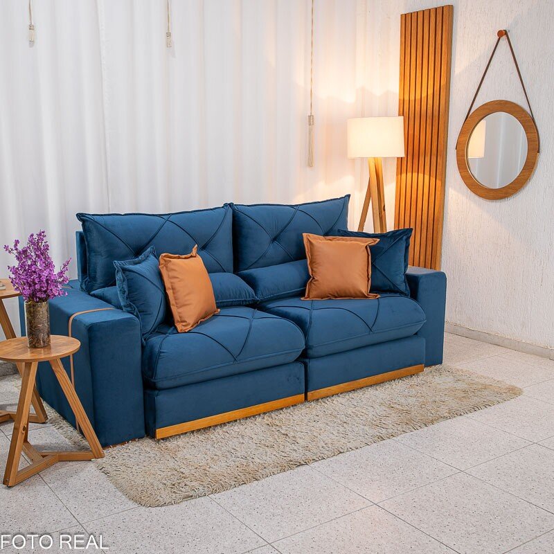 Sofá Retrátil Reclinável Gran Bello 2.50m Veludo Azul 03 - Molas Ensacadas Pocket - Imagem 3
