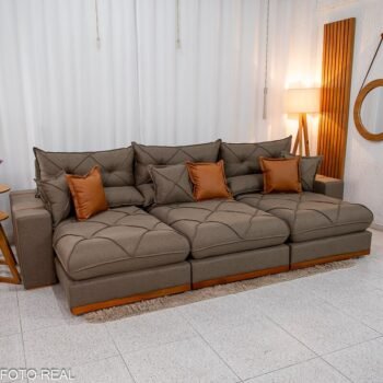 Sofá Retrátil Reclinável Gran Bello 3.20m Linho Marrom 28 - Molas Ensacadas