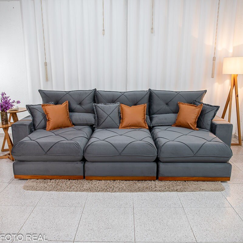 Sofá Retrátil Reclinável Gran Bello 3.20m Veludo Cinza - Molas Ensacadas - Imagem 4