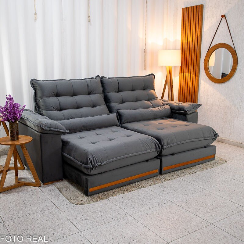 Sofá Retrátil Reclinável Istambul 2.50m Veludo Cinza 403 - Espuma D33