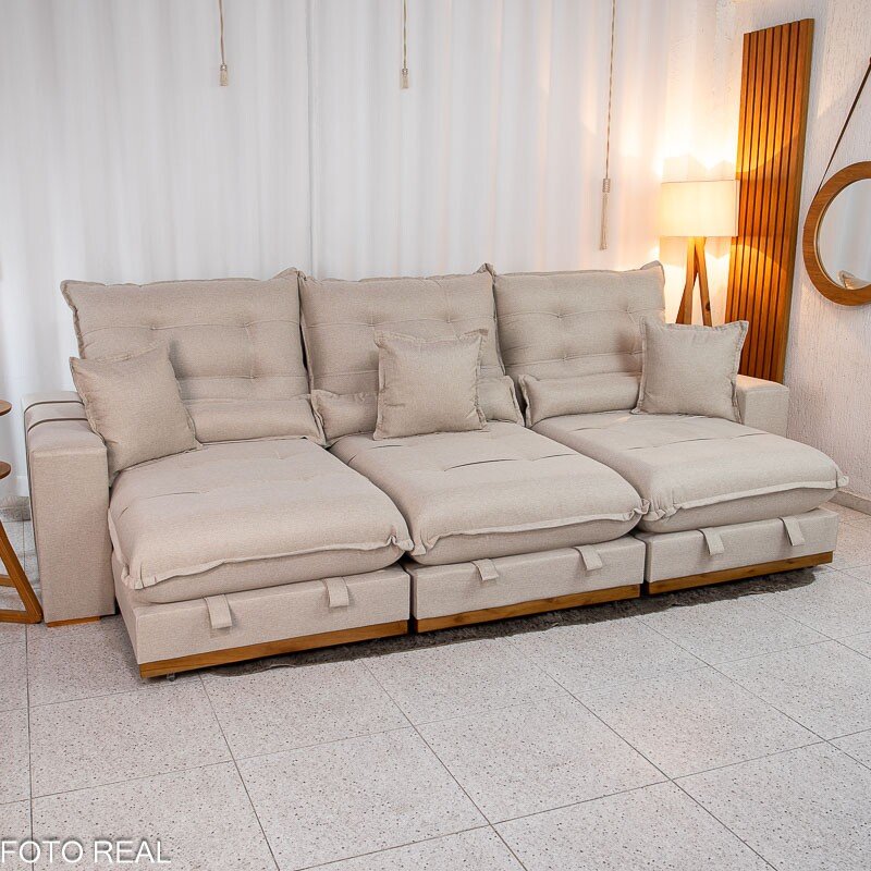 Sofá Retrátil Reclinável Monaco 3.20m Linho Bege A57 - Molas Ensacadas