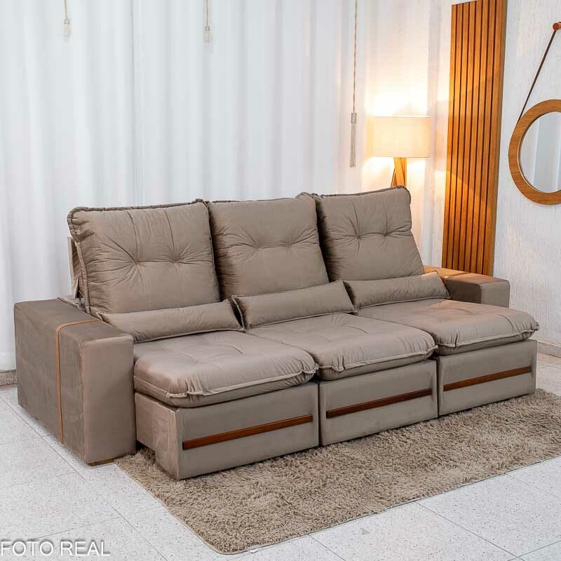 Sofá Retrátil Reclinável Montreal 2.60m Veludo Bege - D33