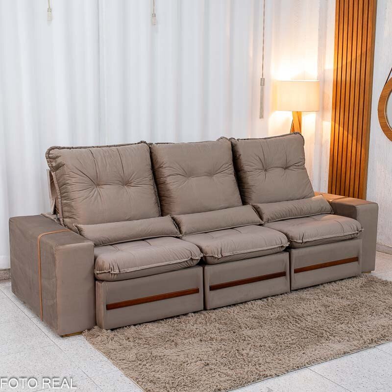 Sofá Retrátil Reclinável Montreal 2.60m Veludo Bege - D33 - Imagem 4