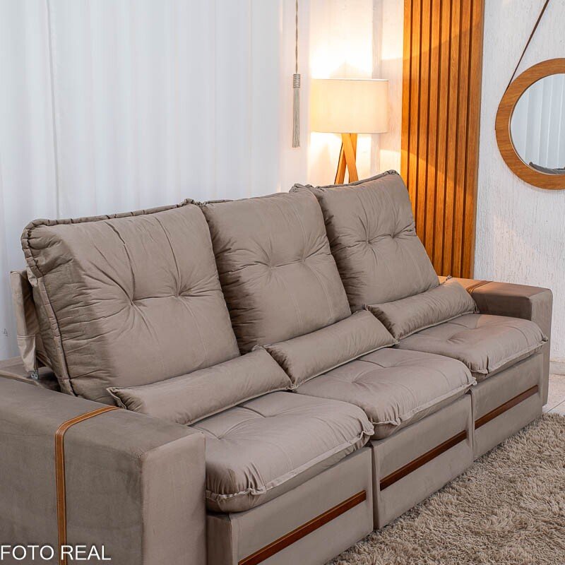 Sofá Retrátil Reclinável Montreal 2.60m Veludo Bege - D33 - Imagem 7