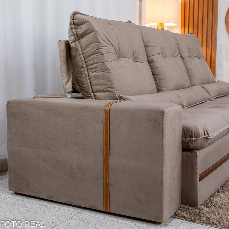 Sofá Retrátil Reclinável Montreal 2.60m Veludo Bege - D33 - Imagem 10