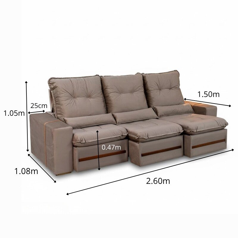 Sofá Retrátil Reclinável Montreal 2.60m Veludo Bege - D33 - Imagem 2
