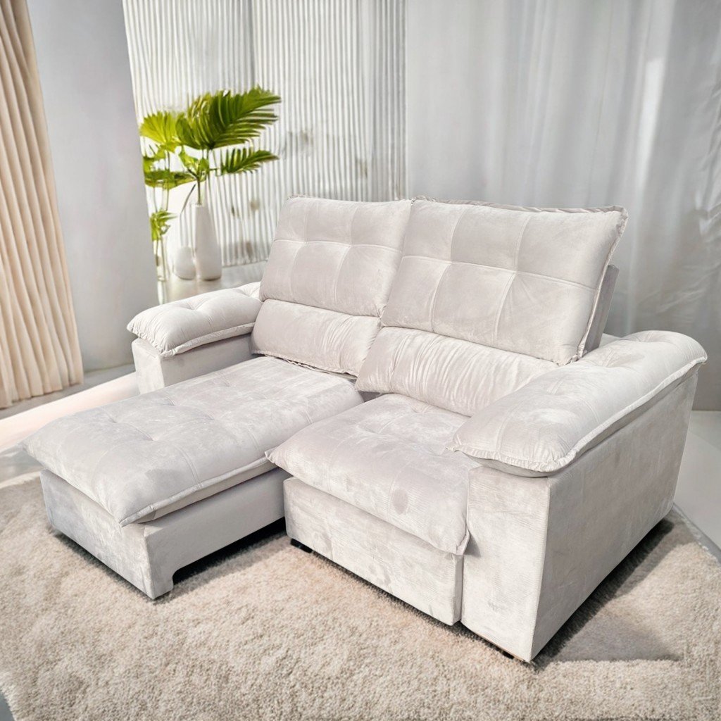 Sofá Retrátil e Reclinável Suíça 2,10 m Veludo Marfim – LEO DECOR(PROMOÇÃO)
