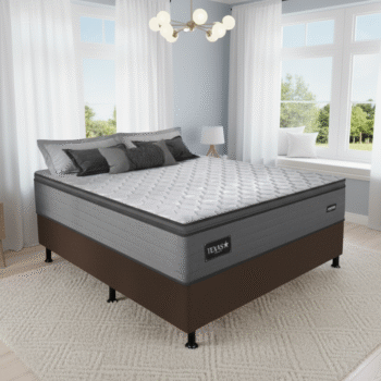 Colchão Casal Texas D28 + Base Box Simples Corino Marrom – GAZIN COLCHÕES + ALTO NÍVEL CAMAS E COLCHÕES