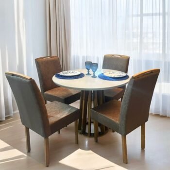 Mesa Redonda Berlim 100 Cinamomo/Off White com 4 Cadeiras Priscila Veludo Marrom 1011 – CEL MÓVEIS + CARVALHO DECOR