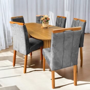 Mesa Isis 180 Freijó com 6 Cadeiras Sophia Veludo Cinza Grafite - LEIFER + WM DECOR