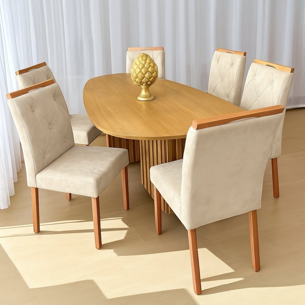 Mesa Isis 180 Freijó com 6 Cadeiras Yasmim Veludo Cinza Bege – LEIFER + KM DECOR