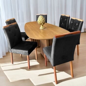 Mesa Isis 180 Freijó com 6 Cadeiras Yasmim Veludo Preto – LEIFER + KM DECOR