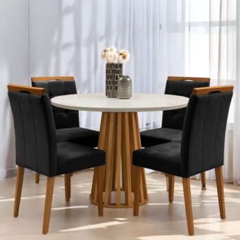 Mesa Redonda Berlim 100 Cinamono/Off White com 4 Cadeiras Sophia Veludo Preto – CEL MÓVEIS + WM DECOR