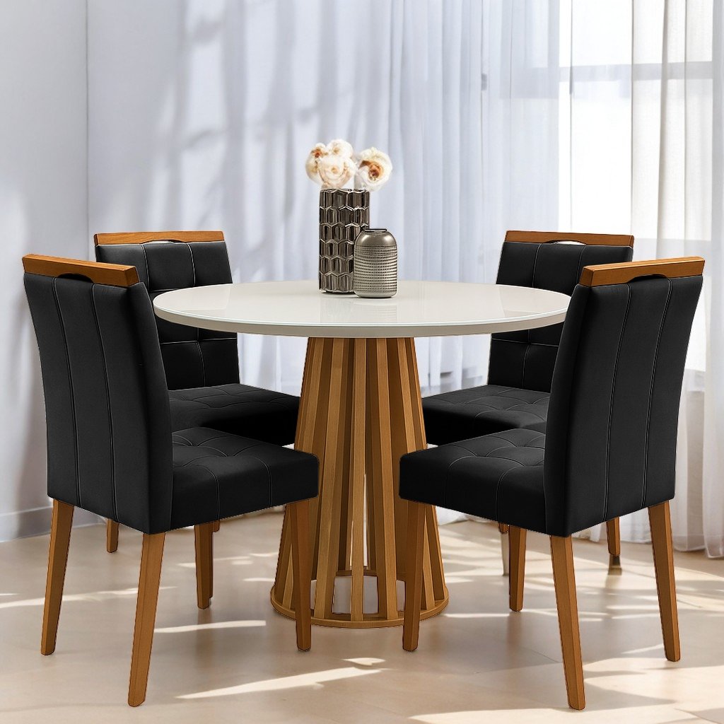 Mesa Redonda Berlim 100 Cinamono/Off White com 4 Cadeiras Sophia Veludo Preto – CEL MÓVEIS + WM DECOR