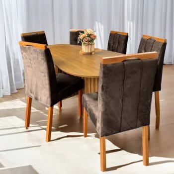 Mesa Isis 180 Freijó com 6 Cadeiras Sophia Veludo Marrom - LEIFER + WM DECOR