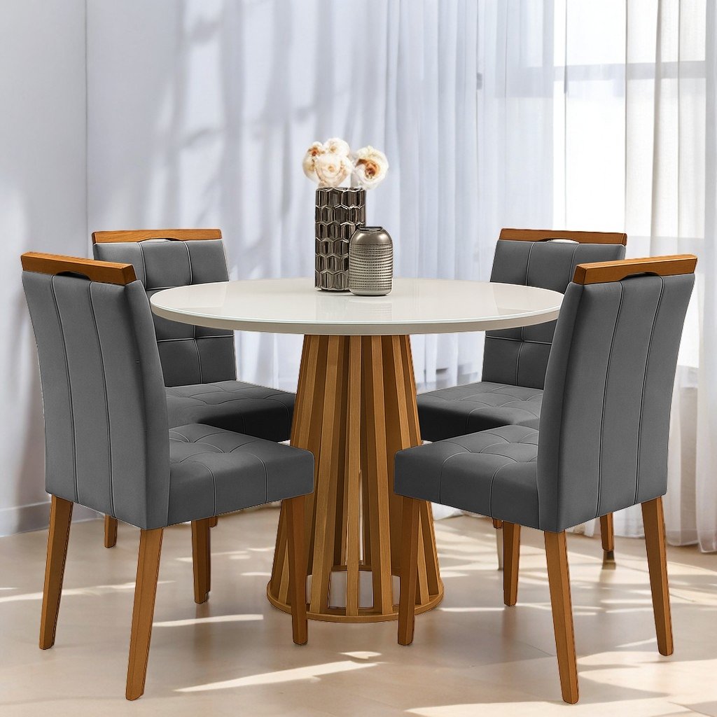Mesa Redonda Berlim 100 Cinamono/Off White com 4 Cadeiras Sophia Veludo Cinza Grafite– CEL MÓVEIS + WM DECOR