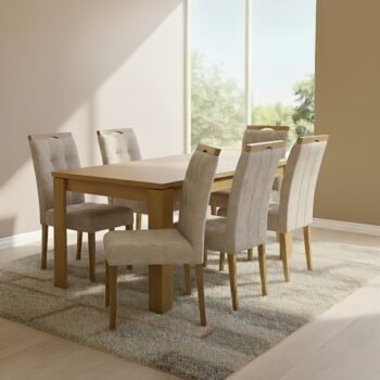 Mesa Athenas 180 Amêndoa Clean com 6 Cadeiras Sophia Veludo Bege – LOPAS + WM DECOR