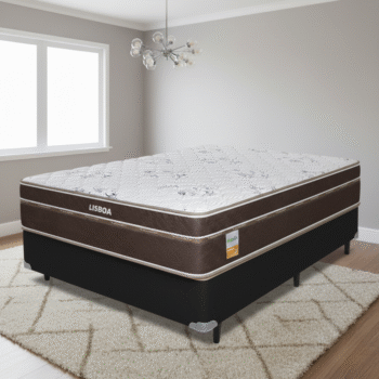 Colchão Casal Lisboa 24 cm D28 + Base Box Simples Corino Preto – ECOTEC + ALTO NÍVEL CAMAS E COLCHÕES
