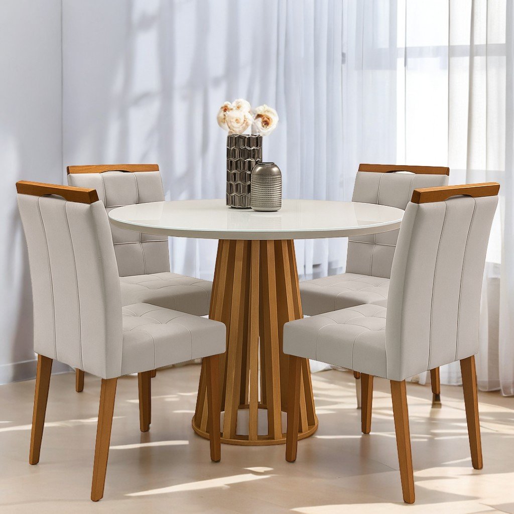 Mesa Redonda Berlim 100 Cinamono/Off White com 4 Cadeiras Sophia Veludo Bege – CEL MÓVEIS + WM DECOR