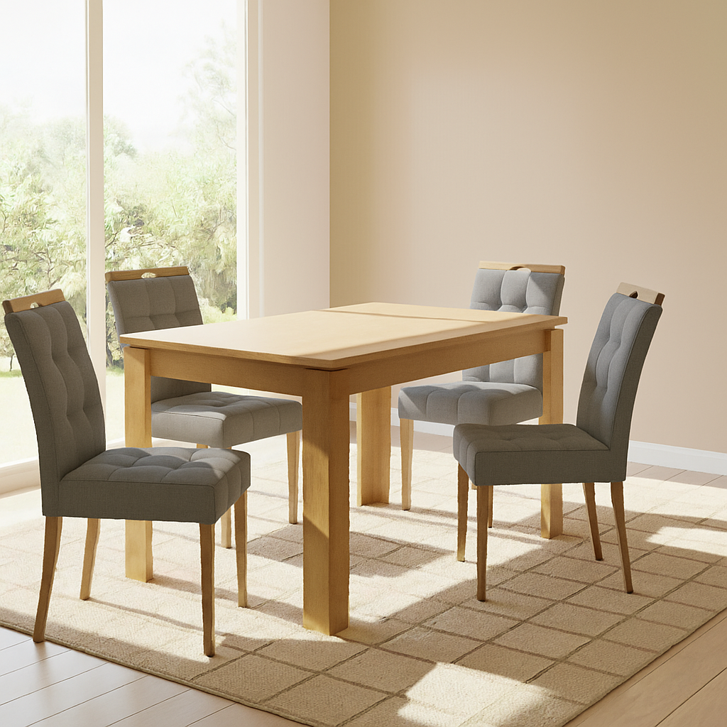 Mesa Athenas 120 Amêndoa Clean com 4 Cadeiras Sophia Veludo Cinza Grafite – LOPAS + WM DECOR