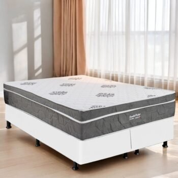 Colchão Queen Essential Pocket D26 + Base Box Simples Corino Branco – INOVAFLEX + ALTO NÍVEL CAMAS E COLCHÕES