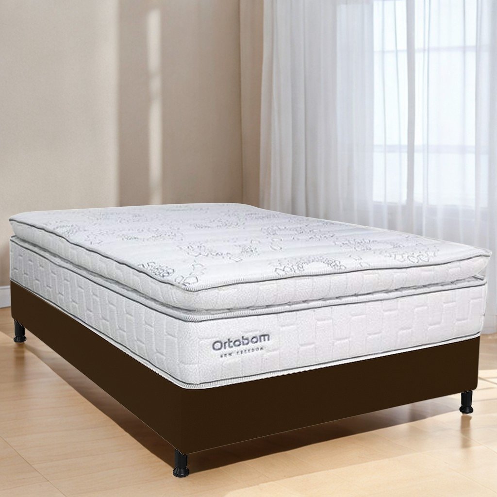 Colchão Casal New Freedom + Base Box Simples Corino Marrom – ORTOBOM + ALTO NÍVEL CAMAS E COLCHÕES