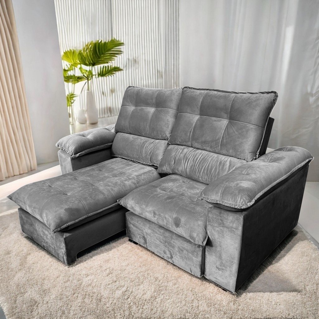 Sofá Retrátil e Reclinável Suíça 2,50 m Veludo Cinza Grafite – LEO DECOR(PROMOÇÃO)